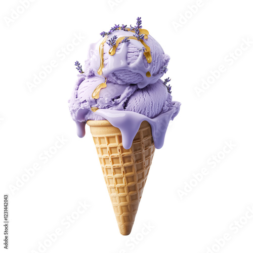 Very tasty purple taro ice cream with lots of toppings which is very fresh and sweet. close up with cones. on transparent background