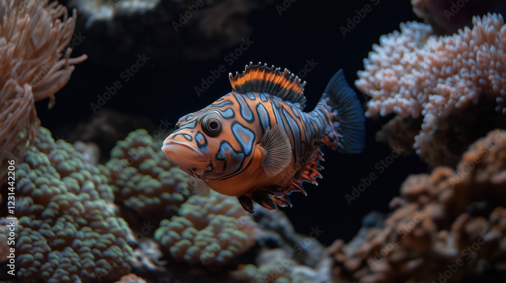 Vibrant Orange and Blue Fish in Dark Underwater Coral Reef Scene Vibrant Orange and Blue Fish in Dark Underwater Coral Reef Scene