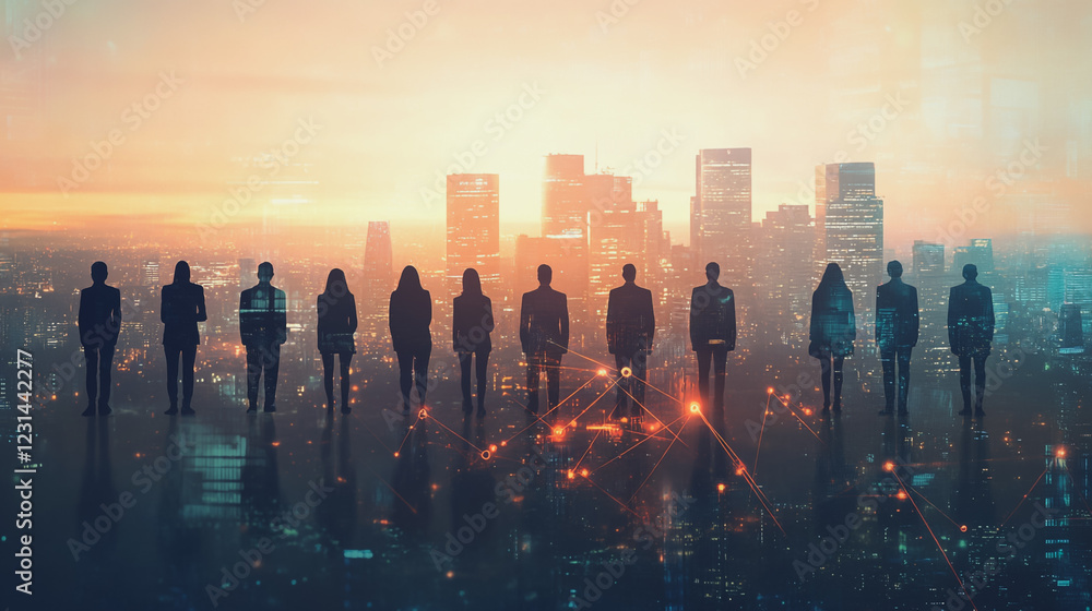 custom made wallpaper toronto digitalAbstract business man stands on Smart digital Innovation city with connection network reciprocity over the twilight cityscape. of future wireless digital city and social media networking systems