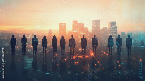 Wallpaper Mural Abstract business man stands on Smart digital Innovation city with connection network reciprocity over the twilight cityscape. of future wireless digital city and social media networking systems Torontodigital.ca