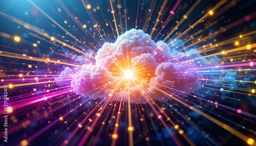 Fototapeta premium Radiant cloud bursting with colorful light streaks on a dark blue backdrop