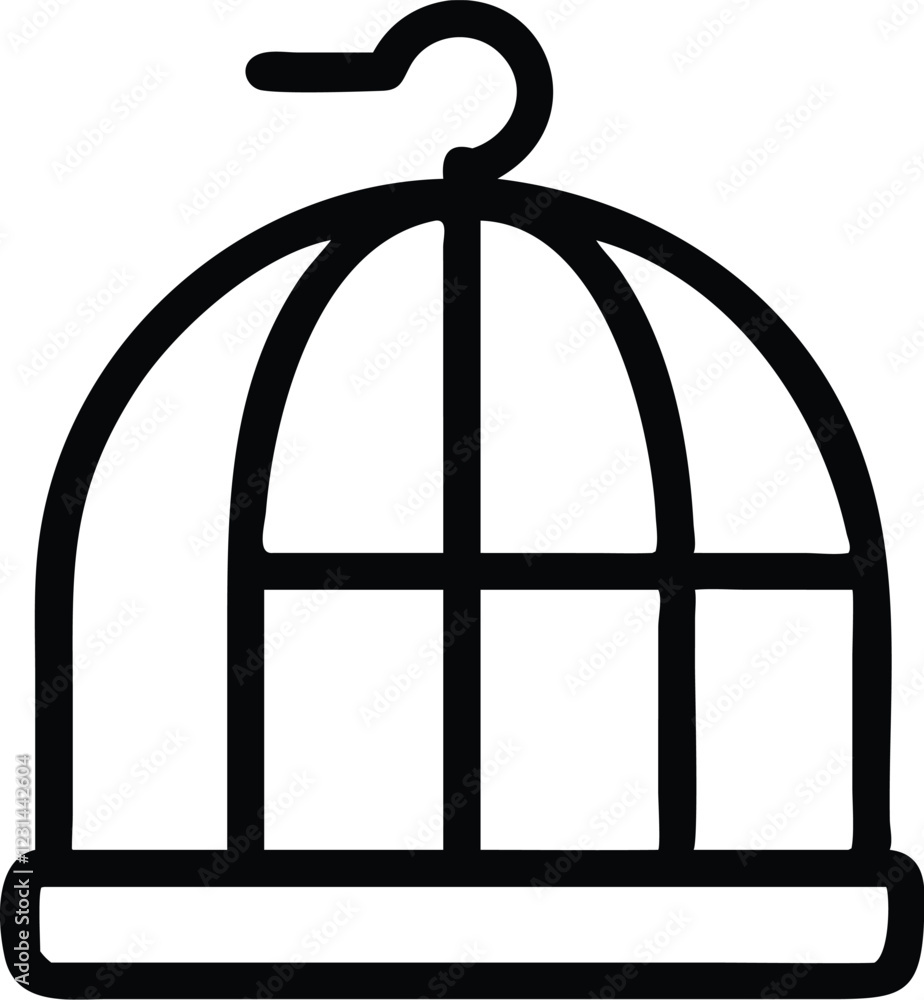 Bird cage, minimalist design, black outline, curved top, hook, simple illustration, white background, iconic symbol, pet accessory, containment, freedom concept, clean lines, vector graphic style, sym Bird cage, minimalist design, black outline, curved top, hook, simple illustration, white background, iconic symbol, pet accessory, containment, freedom concept, clean lines, vector graphic style, sym