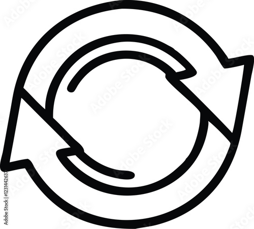 circular arrow symbol, minimalist design, black and white, bold lines, continuous loop, recycling concept, symmetrical composition, geometric shape, vector graphic style, simple icon, refresh symbol, 