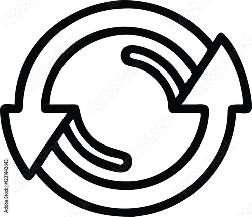 circular arrow symbol, minimalist design, black and white, bold lines, continuous loop, recycling concept, symmetrical composition, geometric shape, vector graphic style, simple icon, refresh symbol, 