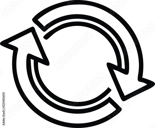circular arrow symbol, minimalist design, black and white, bold lines, continuous loop, recycling concept, symmetrical composition, geometric shape, vector graphic style, simple icon, refresh symbol, 
