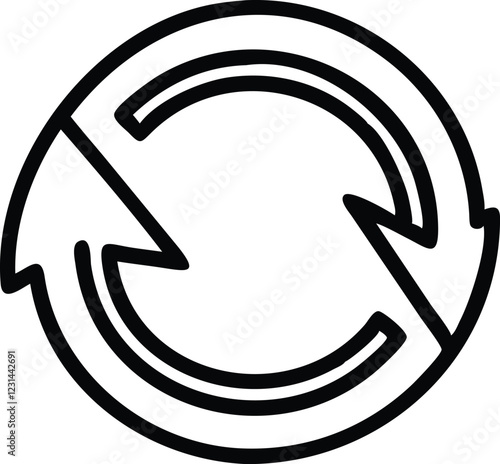 circular arrow symbol, minimalist design, black and white, bold lines, continuous loop, recycling concept, symmetrical composition, geometric shape, vector graphic style, simple icon, refresh symbol, 