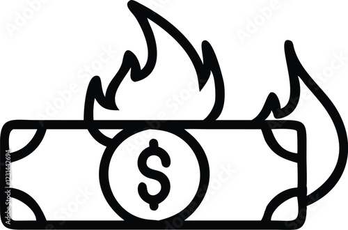 black and white icon, burning dollar bill, flame atop money, financial loss symbol, wealth destruction concept, simple graphic design, minimalist illustration, economic crisis metaphor, currency on fi