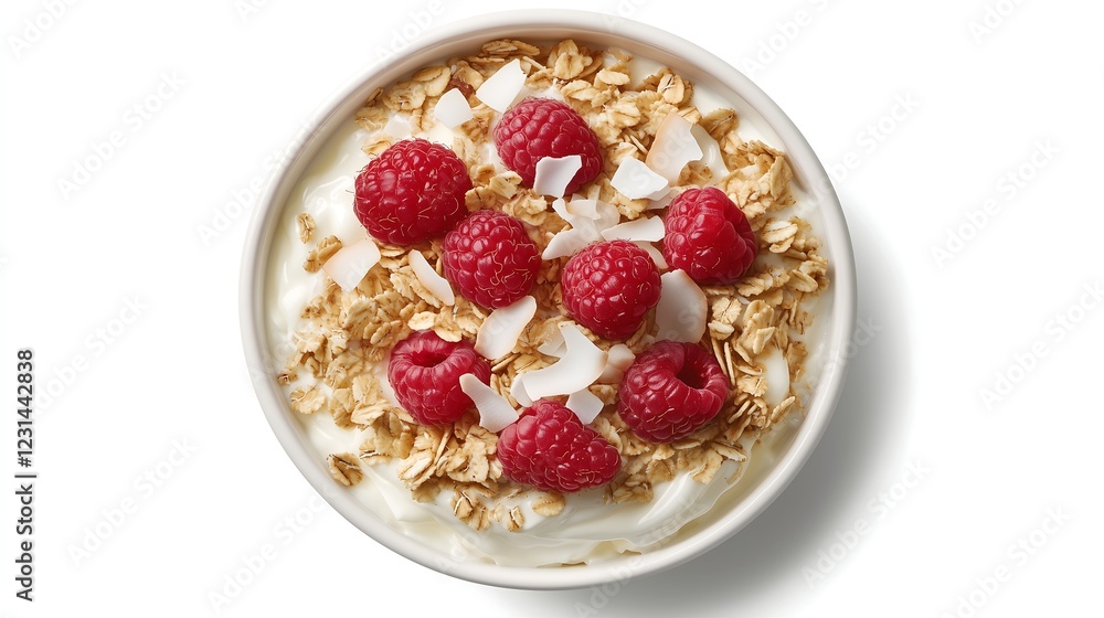 White bowl of yogurt topped with granola, raspberries and coconut flakes, on a minimalist white background, top-down view White bowl of yogurt topped with granola, raspberries and coconut flakes, on a minimalist white background, top-down view