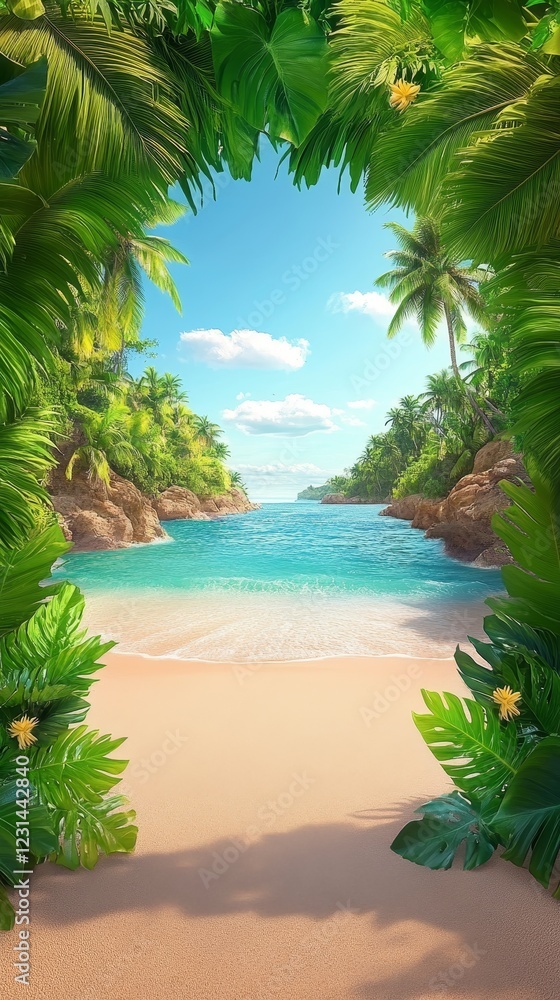 Fototapeta premium Secluded Tropical Cove A Tranquil Beach Seen Through Lush Foliage