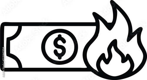 black and white icon, burning dollar bill, flame atop money, financial loss symbol, wealth destruction concept, simple graphic design, minimalist illustration, economic crisis metaphor, currency on fi