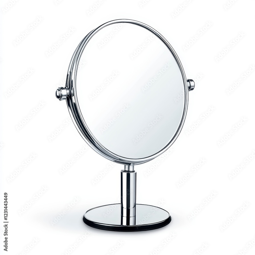 Sleek Chrome Vanity Mirror with Circular Base for Personal Grooming, Generative AI. Sleek Chrome Vanity Mirror with Circular Base for Personal Grooming, Generative AI.