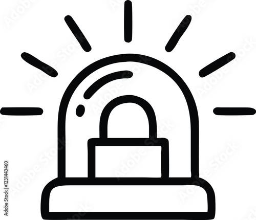 Emergency siren icon, black and white illustration, simple line drawing, police light, ambulance beacon, warning symbol, minimalist design, alert notification, safety equipment, monochrome graphic, ci