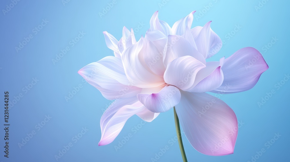 Fototapeta premium Elegant white flower with pink petals on a serene blue background