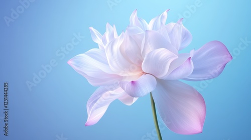 Elegant white flower with pink petals on a serene blue background
