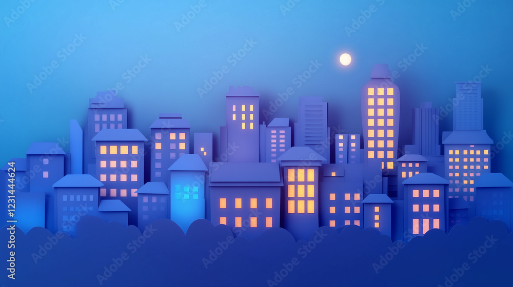 City in paper style. Silhouettes of buildings with windows and soft lighting, paper cut out effect. paper city background City in paper style. Silhouettes of buildings with windows and soft lighting, paper cut out effect. paper city background