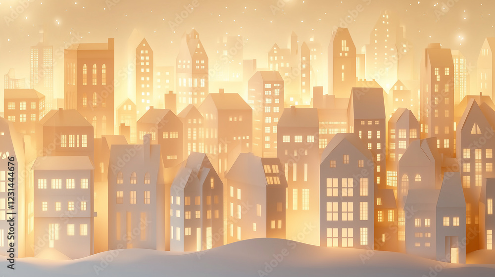 Fototapeta premium City in paper style. Silhouettes of buildings with windows and soft lighting, paper cut out effect. paper city background