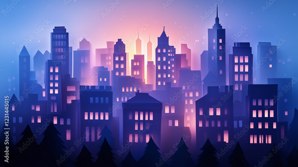 Fototapeta premium City in paper style. Silhouettes of buildings with windows and soft lighting, paper cut out effect. paper city background