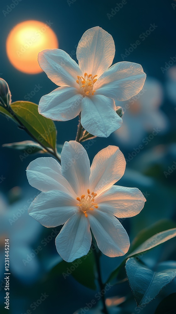 Fototapeta premium Two Delicate White Flowers Blooming at Sunset Nature Photography