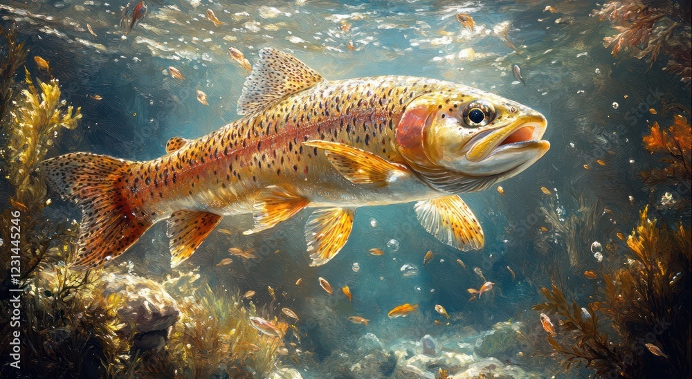 Naklejka premium Rainbow Trout Underwater Realistic Illustration with Aquatic Vegetation and Soft Light