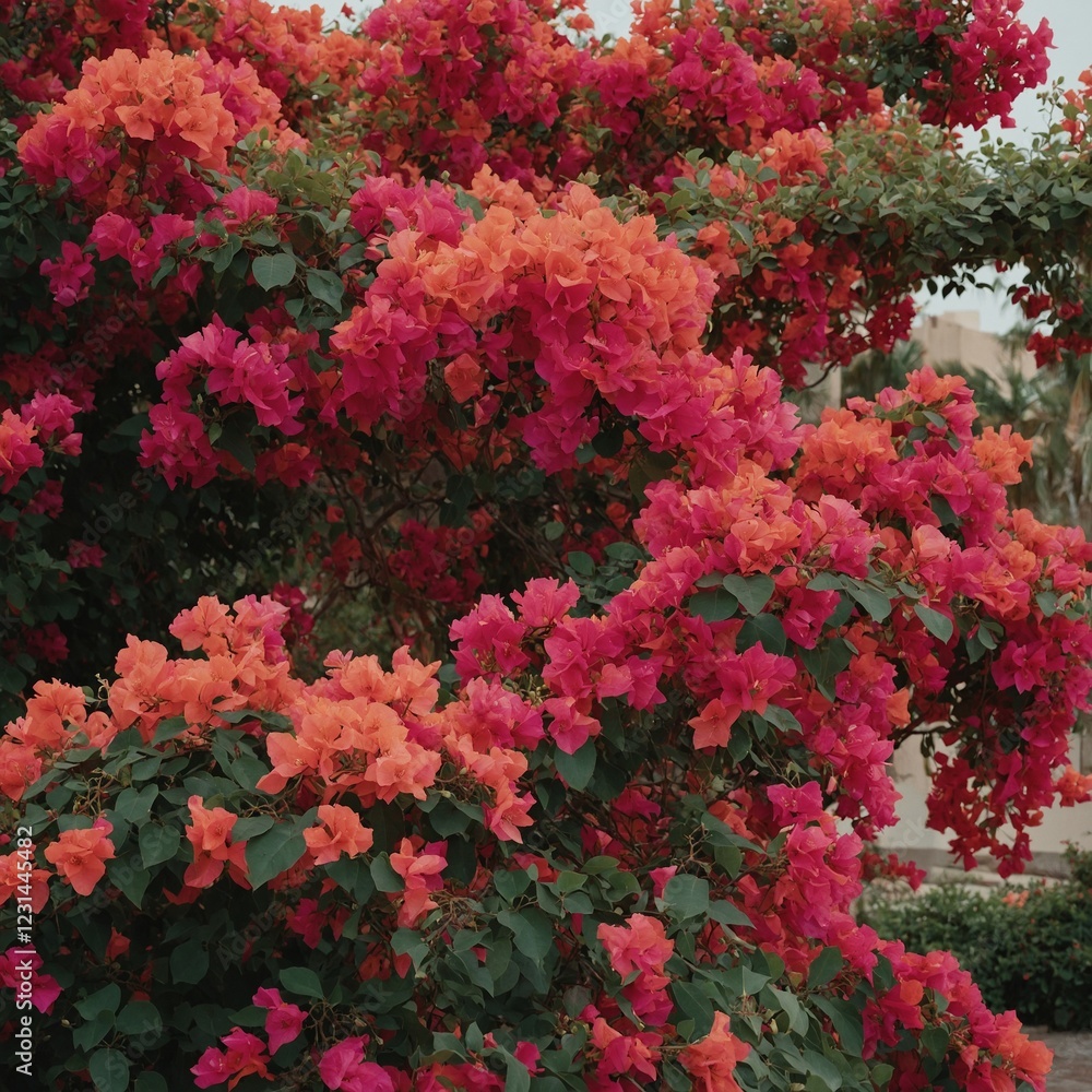 A cascading bougainvillea in shades of pink, red, and orange. A cascading bougainvillea in shades of pink, red, and orange.