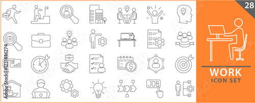 Work icon set. Containing job, career, employment, meeting, organization, teamwork and networking icons. Set icon collection. Vector illustration.