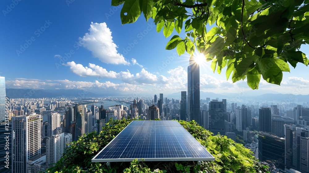 Sustainability at Home Earth Day concept. A solar panel sits amid greenery on a rooftop, overlooking a sprawling cityscape under a bright blue sky with scattered clouds.