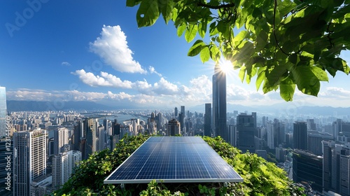Obraz na płótnie Sustainability at Home Earth Day concept. A solar panel sits amid greenery on a rooftop, overlooking a sprawling cityscape under a bright blue sky with scattered clouds. w salonie