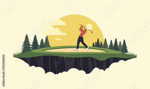 Man Golfer Player Character Playing Golf Sport on the Field Landscape