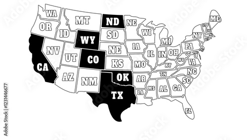 US Oil Production States, black isolated silhouette