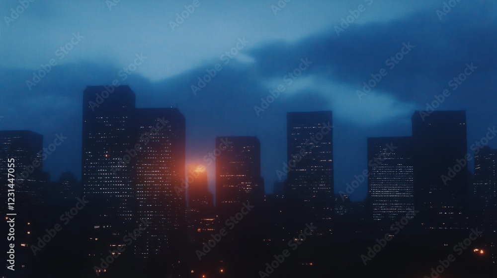 Fototapeta premium Blue and Orange Night Cityscape with Blurred Buildings and Light Streaks