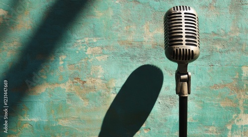 A vintage microphone casting an intricate shadow on the green wall, evoking retro vibes for podcast promotion.  photo