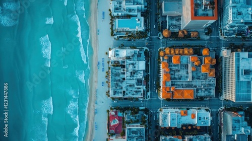 Aerial View of Coastal Cityscape: Turquoise Ocean Waves Crashing on Sandy Beach, Buildings and Streets in a Geometric Pattern