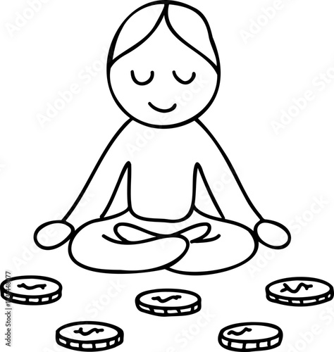 Health investment  and wellness returns. Meditative figure surrounded by coins, symbolizing mindfulness and wealth.
