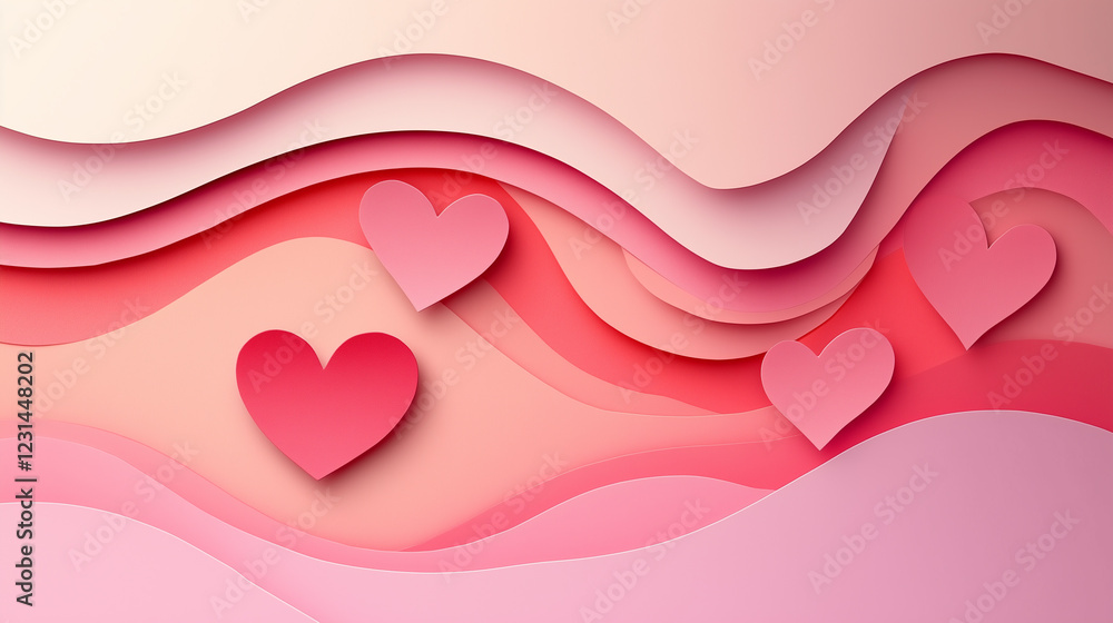 Valentine's Day background with Paper Hearts and waves. Valentine's Day greeting card paper waves and hearts. Gentle, wavy layers with hearts, popular for holiday greeting cards, paper cut out effect Valentine's Day background with Paper Hearts and waves. Valentine's Day greeting card paper waves and hearts. Gentle, wavy layers with hearts, popular for holiday greeting cards, paper cut out effect