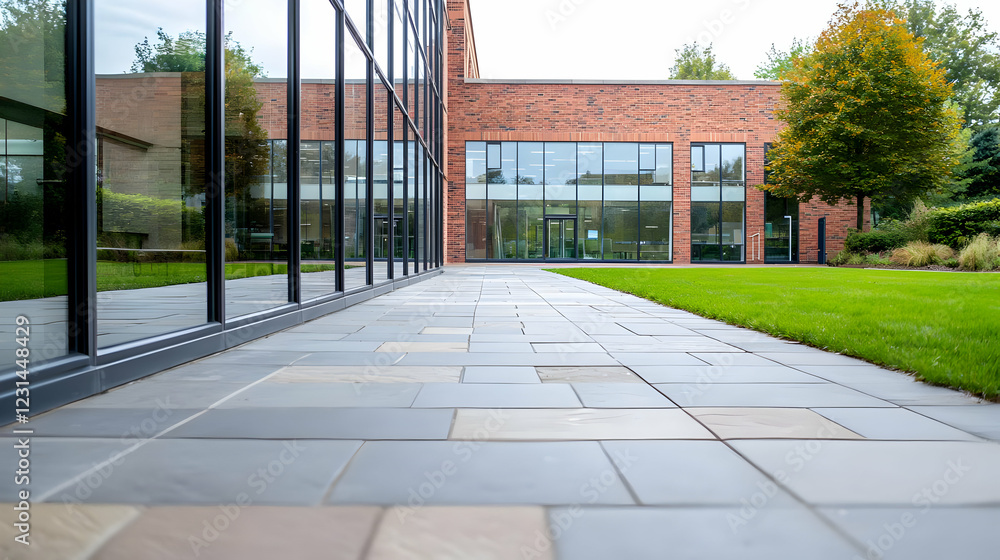 Fototapeta premium Modern office building exterior, paved walkway, green lawn