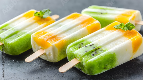 Mango kiwi popsicles on dark background, summer refreshment photo