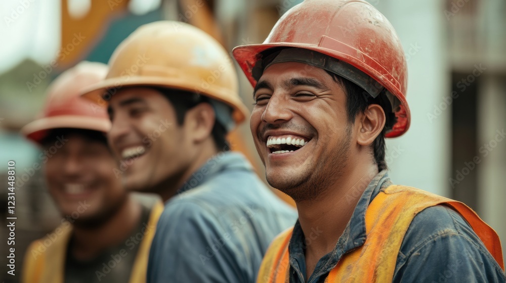 Group of site workers laughing together after a long day of work. Group of site workers laughing together after a long day of work.