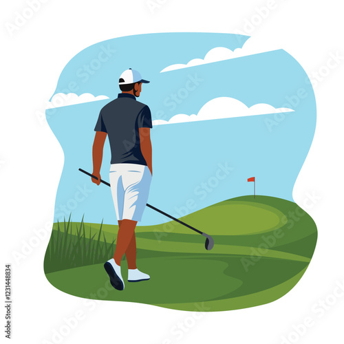 Man Golfer Player Character Playing Golf Sport on the Field in Bright Sky