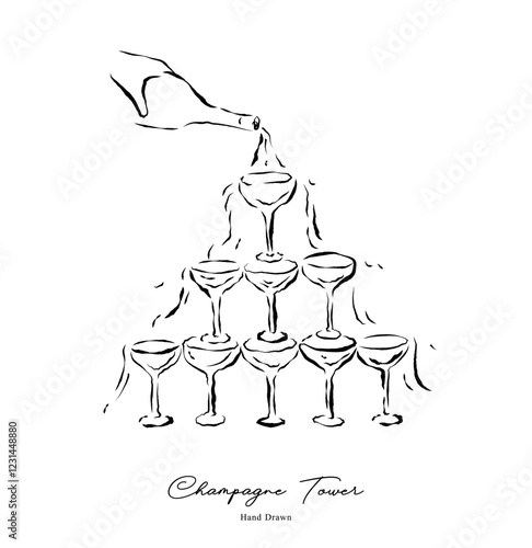 Champagne Twoer. Elegant pyramid of glasses with champagne. Wedding stationery and signage. Doodle line art. Hand drawn style. Vector illustration.