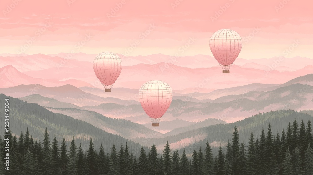 Obraz premium Three Pastel Pink Hot Air Balloons Soaring Over Misty Mountains at Dawn