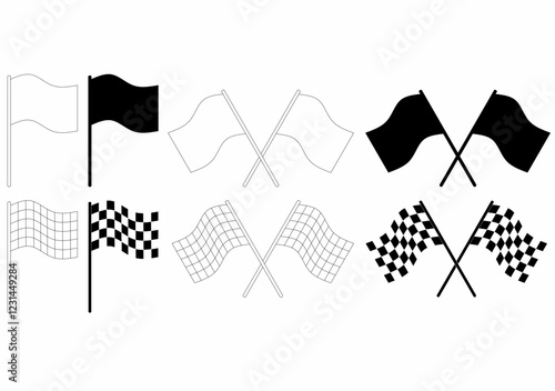 Collection of racing flag icons, including checkered and plain flags. Perfect for motorsport designs, racing events, banners, and digital or print projects