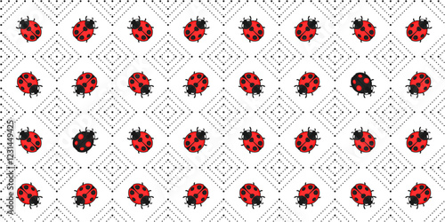 Red and black ladybugs and black striped rhombuses of dots on a white background. Endless texture with cute insect and geometric ornament. Vector seamless pattern for wrapping paper, surface texture