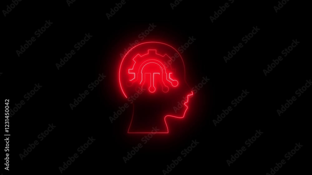Glowing neon line Human head with gear inside icon isolated on black background. Glowing neon line Human head with gear inside icon isolated on black background.