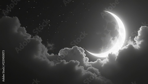 Crescent Moon Artwork in Night Sky Celebrates Ramadan Mubarak photo