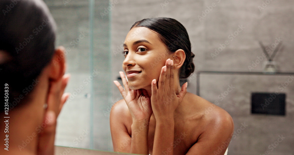 Bathroom, mirror and woman with touch for skincare, self care and satisfaction for face glow in morning. Home, reflection or female person with beauty for cosmetics, acne treatment or hygiene routine Bathroom, mirror and woman with touch for skincare, self care and satisfaction for face glow in morning. Home, reflection or female person with beauty for cosmetics, acne treatment or hygiene routine