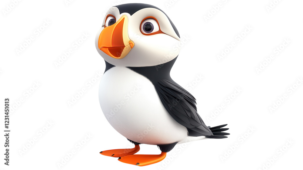 Fototapeta premium Cute cartoon puffin bird character, 3D style PNG clipart with transparent background, black white orange seabird mascot