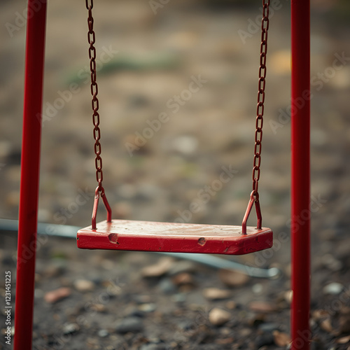 Empty children's swing red color close-up. The concept of sadness, loss, death, mourning, orphanhood or loneliness. photo