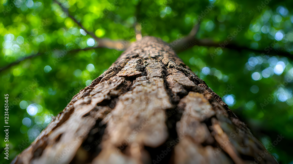 Giant tree trunk, lush green canopy, forest, nature background, ecological poster Giant tree trunk, lush green canopy, forest, nature background, ecological poster
