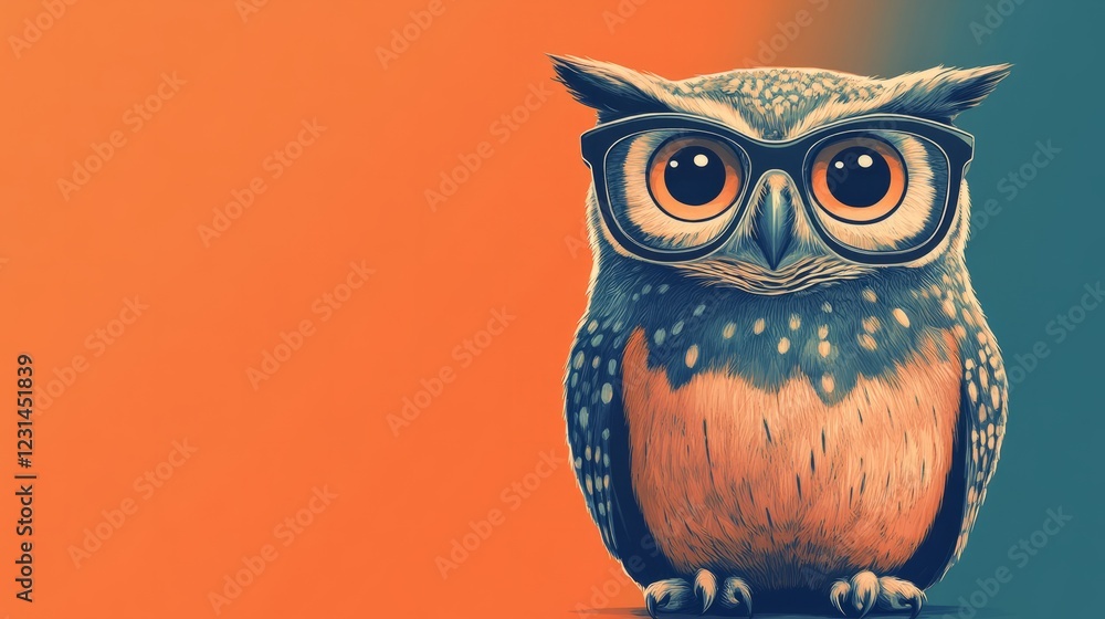 Fototapeta premium A cartoon owl with glasses, perched against a single-color background with ample copy space on the side 