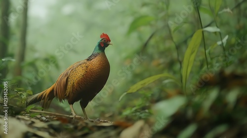Iridescent Pheasant in Lush Green Forest, Misty Atmosphere